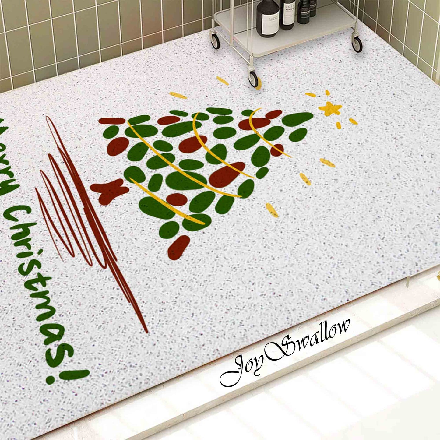 JoySwallow Personalized Bathtub Mat, Merry Christmas Tree Bathtub Mat,  Art PVC Coil Shower Mat, Holiday Anti Skid PVC Coil Bathmat, Permeable Bathmat, Floral Drainable Rug