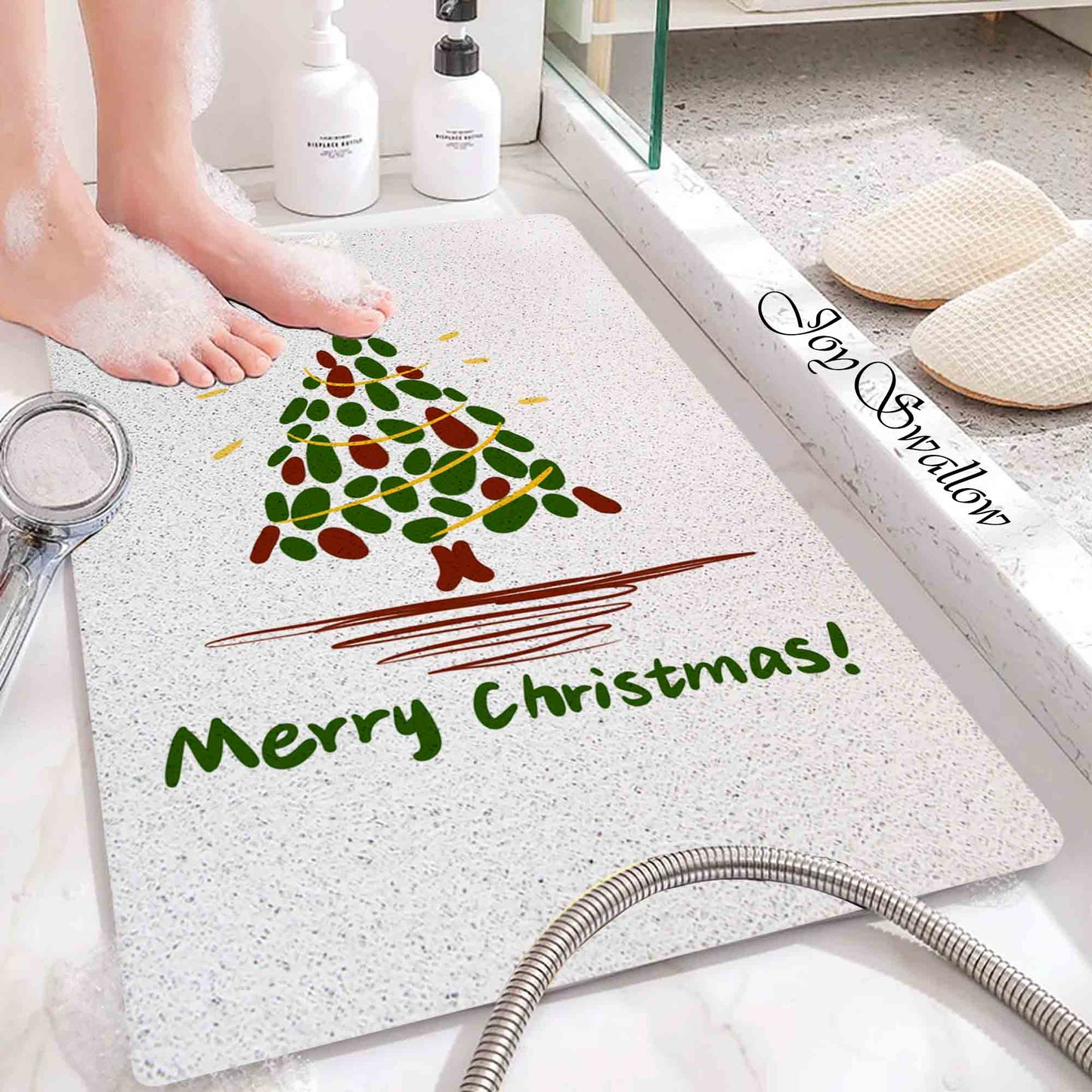 JoySwallow Personalized Bathtub Mat, Merry Christmas Tree Bathtub Mat,  Art PVC Coil Shower Mat, Holiday Anti Skid PVC Coil Bathmat, Permeable Bathmat, Floral Drainable Rug