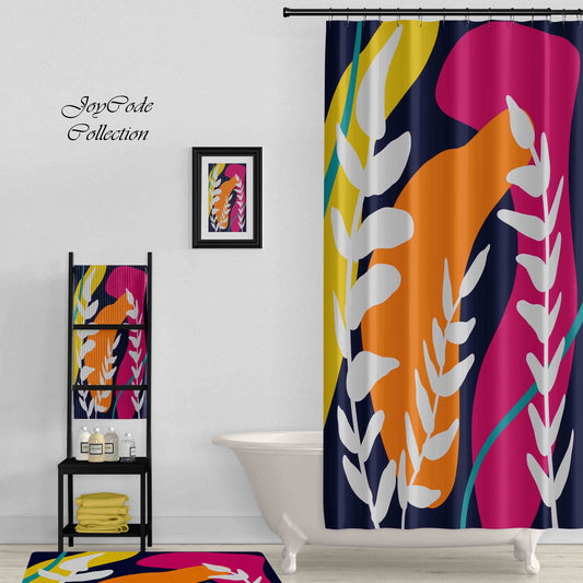 JoySwallow Color Blocks and Leaves Shower Curtain, Abstract Blocks Waterproof Curtains, Floral Machine Washable Shower Curtains, Heavy Weighted Bath Curtains with hooks