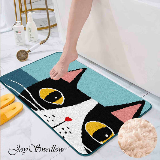 JoySwallow Cute Geometrical Cat Tufted Bathmat, Fluffy Animal Bathroom Rug, Cat Area Rug, Kitty Bedroom Rugs