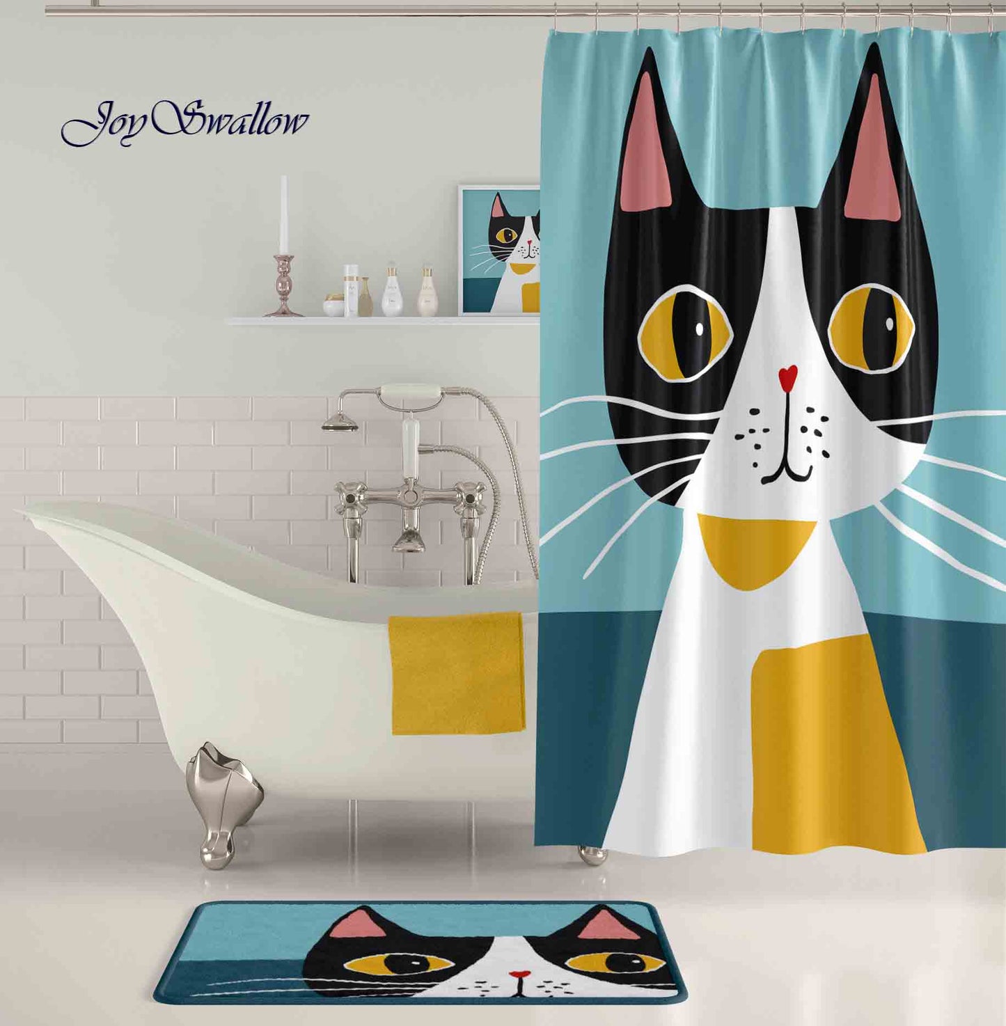 JoySwallow Color Block Cat Shower Curtain, Animal Waterproof Curtains, Kitty Machine Washable Shower Curtains, Heavy Weighted Bath Curtains with hooks