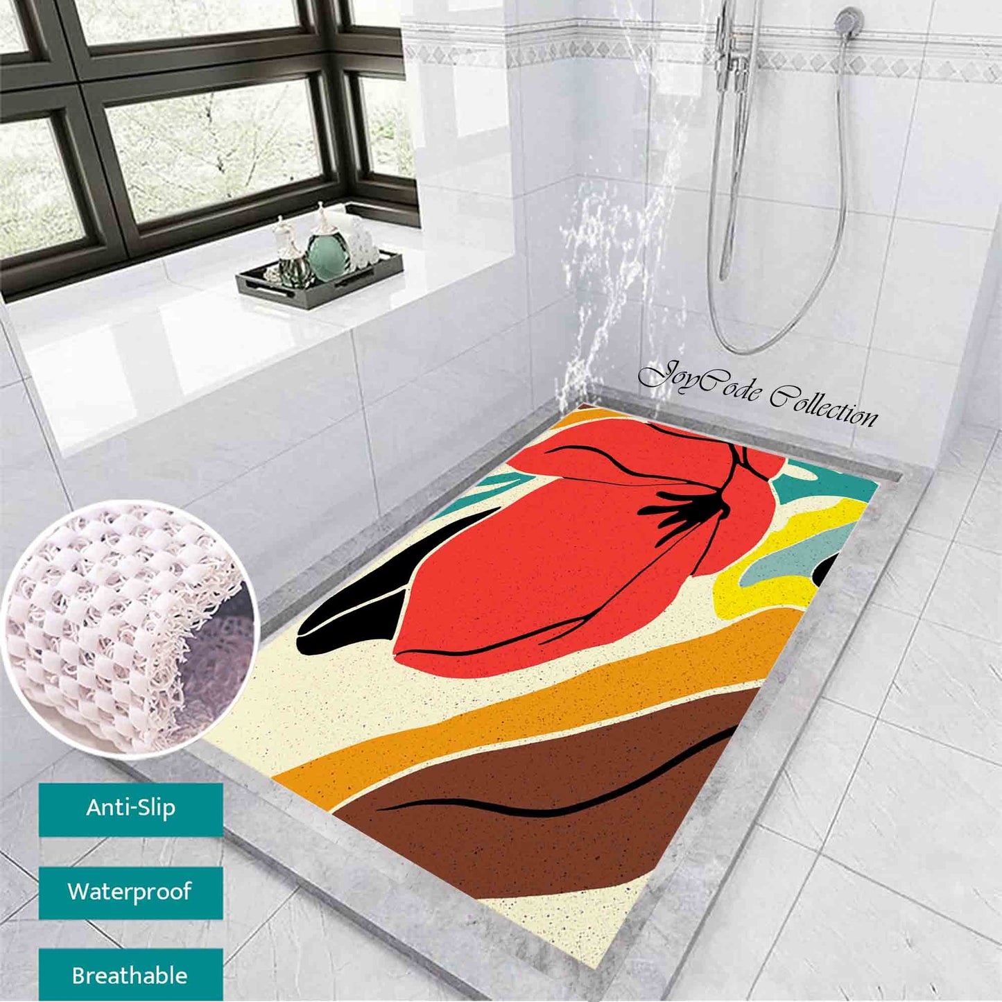 JoySwallow Personalized Bathtub Mat, Colorful Flower and Leaves Bathtub Mat, PVC Coil Shower Mat, Anti Skid PVC Coil Bathmat, Floral Permeable Bathmat, Irregular Shaped Drainable Rug