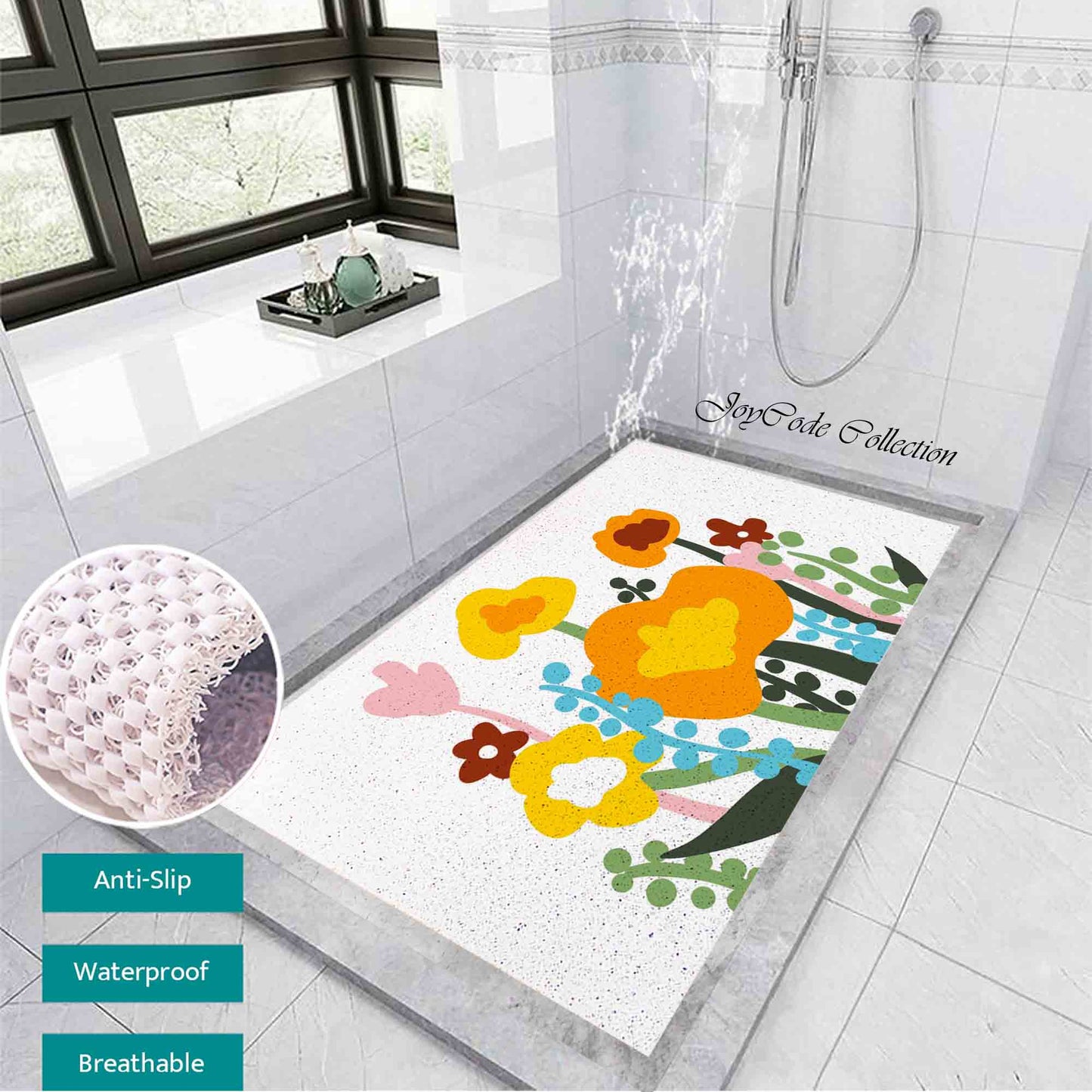 JoySwallow Personalized Bathtub Mat, Colorful Flowers Bathtub Mat, PVC Coil Shower Mat, Anti Skid PVC Coil Bathmat, Flower Permeable Bathmat, Irregular Shaped Drainable Rug