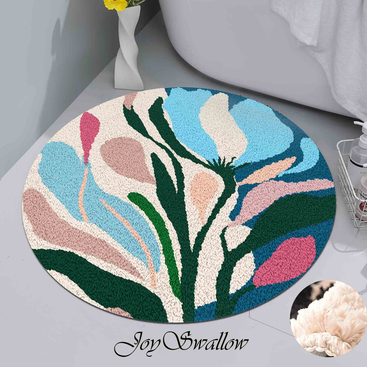 JoySwallow Blue Pink Geometrical FlowerTufted Bathmat, Lovely Floral Bathroom Rug, Area Rug, Bedroom Rugs, Rug Gift