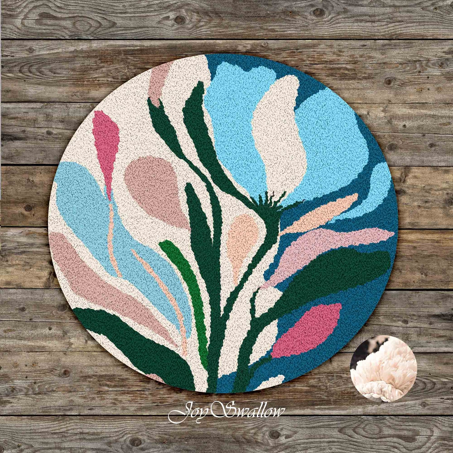 JoySwallow Blue Pink Geometrical FlowerTufted Bathmat, Lovely Floral Bathroom Rug, Area Rug, Bedroom Rugs, Rug Gift