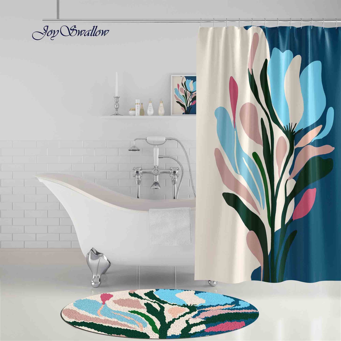 JoySwallow Blue Pink Geometrical Flower Shower Curtain, Leaves Waterproof Curtains, Floral Machine Washable Shower Curtains, Flower Heavy Weighted Bath Curtains with hooks