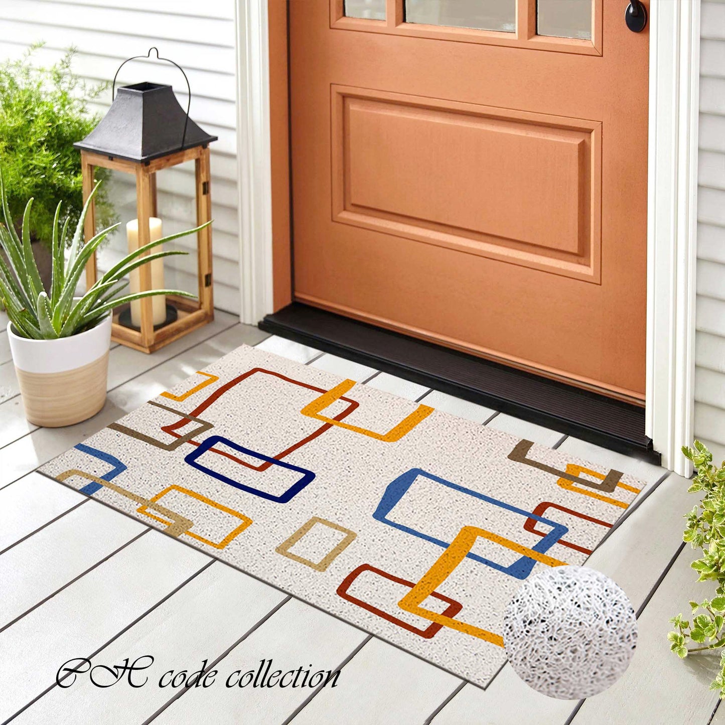 JoySwallow Color Square Line Art PVC Coil Entrance Door Mat, Irregular Blocks Anti-Skid Outdoor Mat, Animal Entryway Rug for Porch Courtyard