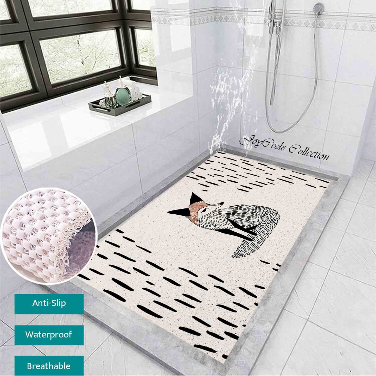 JoySwallow Personalized Bathtub Mat, Cute Black Fox Bathtub Mat, PVC Coil Shower Mat, Anti Skid PVC Coil Bathmat, Animal Permeable Bathmat, Glass and Pot Drainable Rug