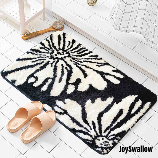 JoySwallow Black White Flowers Tufted Bathmat, Floral Bathroom Rug, Flower Area Rug, Floral Bedroom Rugs