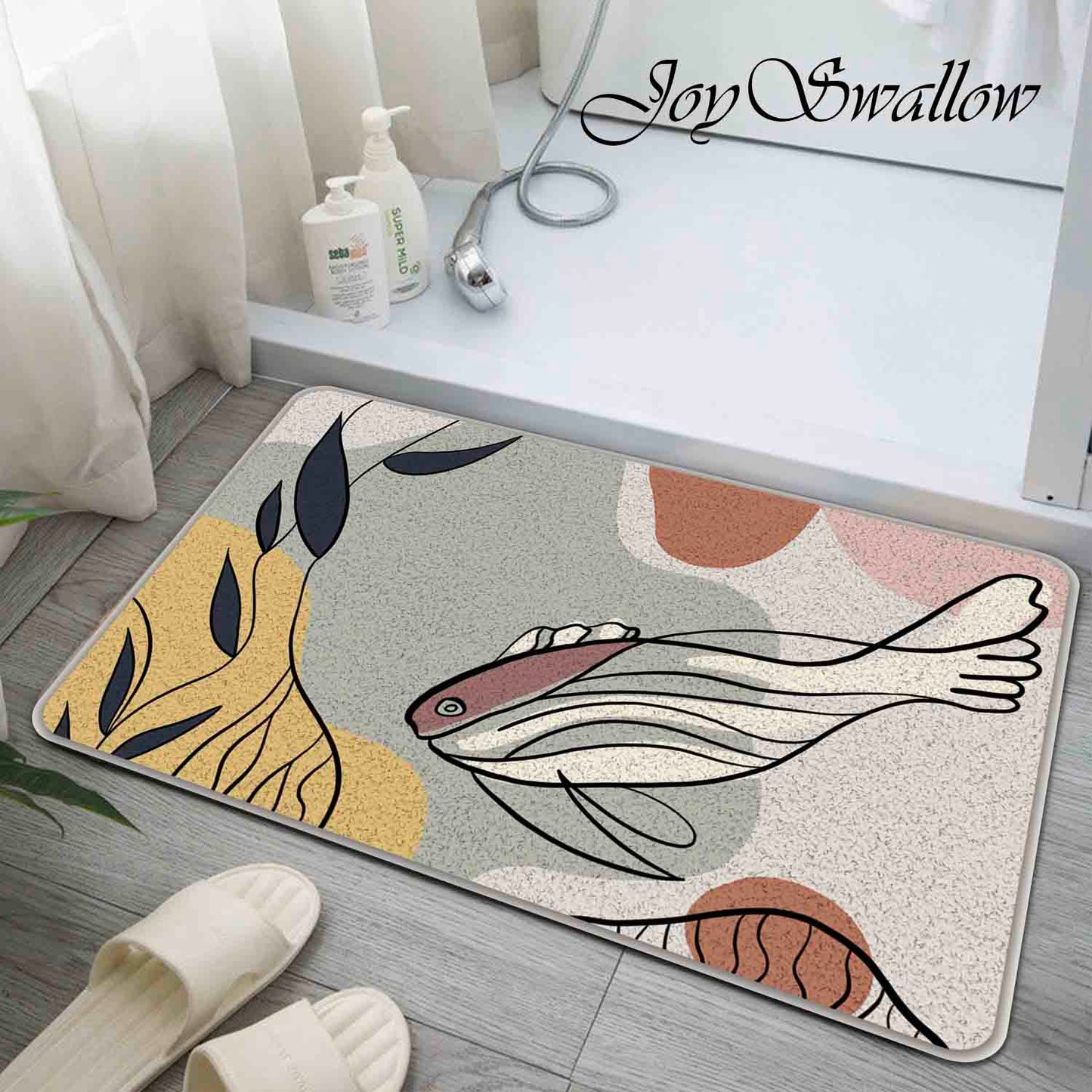 JoySwallow Fish and Water Plants Tufted Bathmat, Animal Bathroom Rug, Fishes Area Rug, Floral Bedroom Rugs