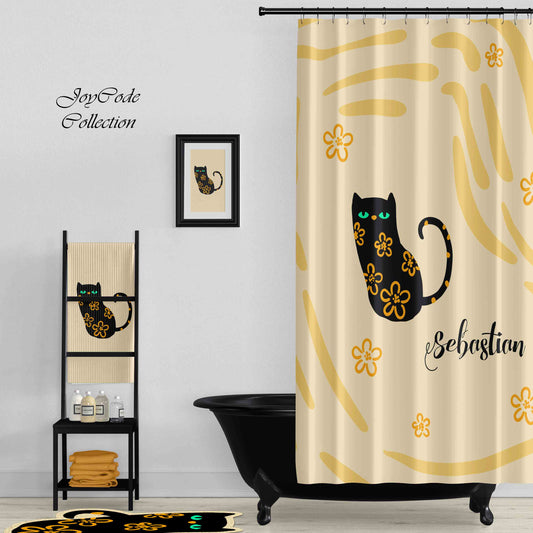 JoySwallow Personalized Shower Curtain, Flower Black Cat Curtain, Waterproof Curtains, Animal Machine Washable Shower Curtains, Heavy Weighted Bath Curtains with hooks