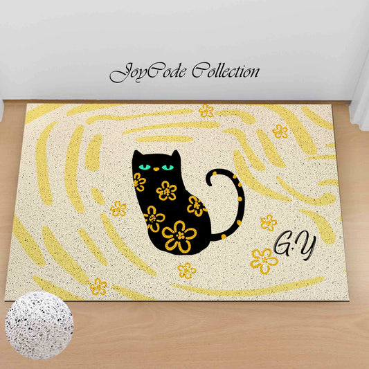 JoySwallow Personalized Door Mat, Flower Black Cat PVC Coil Entrance Door Mat, Cute Animal Anti-Skid Outdoor Mat, Cat Entryway Rug for Porch Courtyard