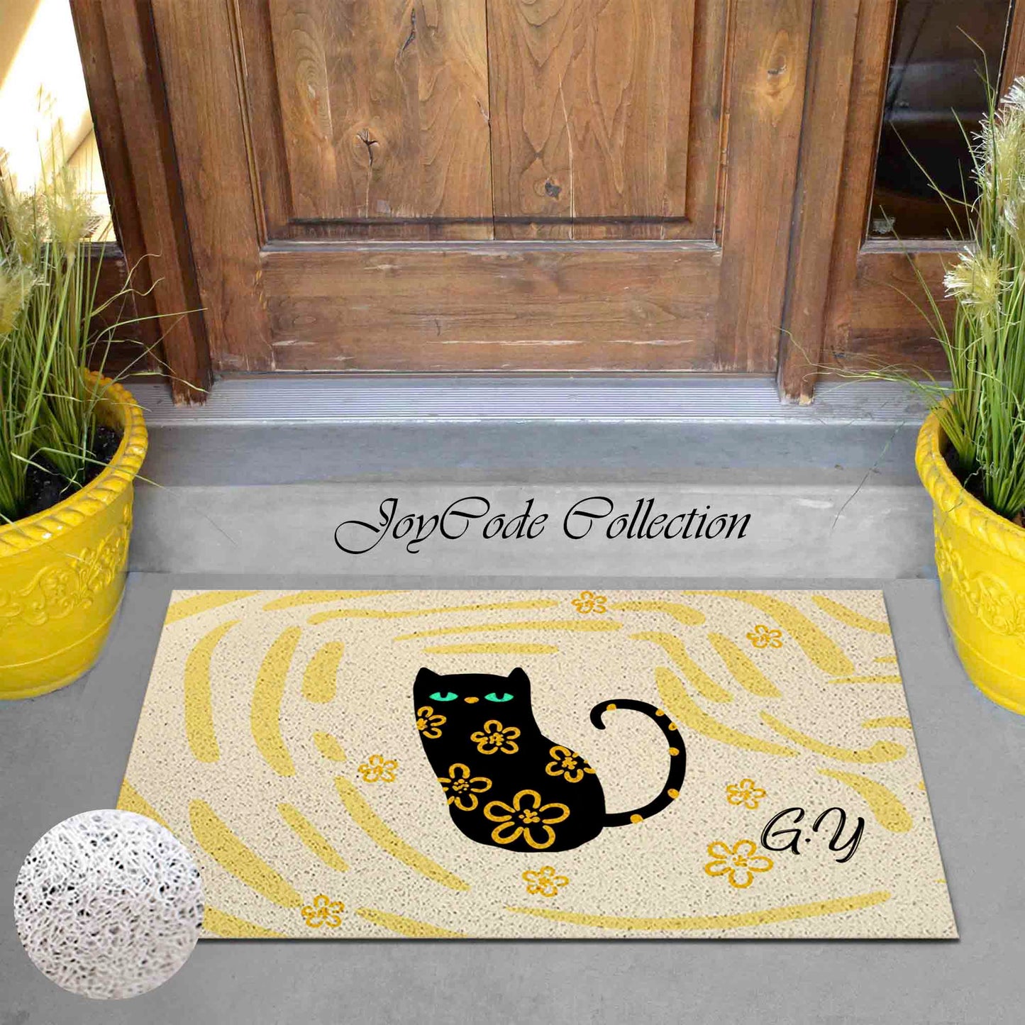 JoySwallow Personalized Door Mat, Flower Black Cat PVC Coil Entrance Door Mat, Cute Animal Anti-Skid Outdoor Mat, Cat Entryway Rug for Porch Courtyard