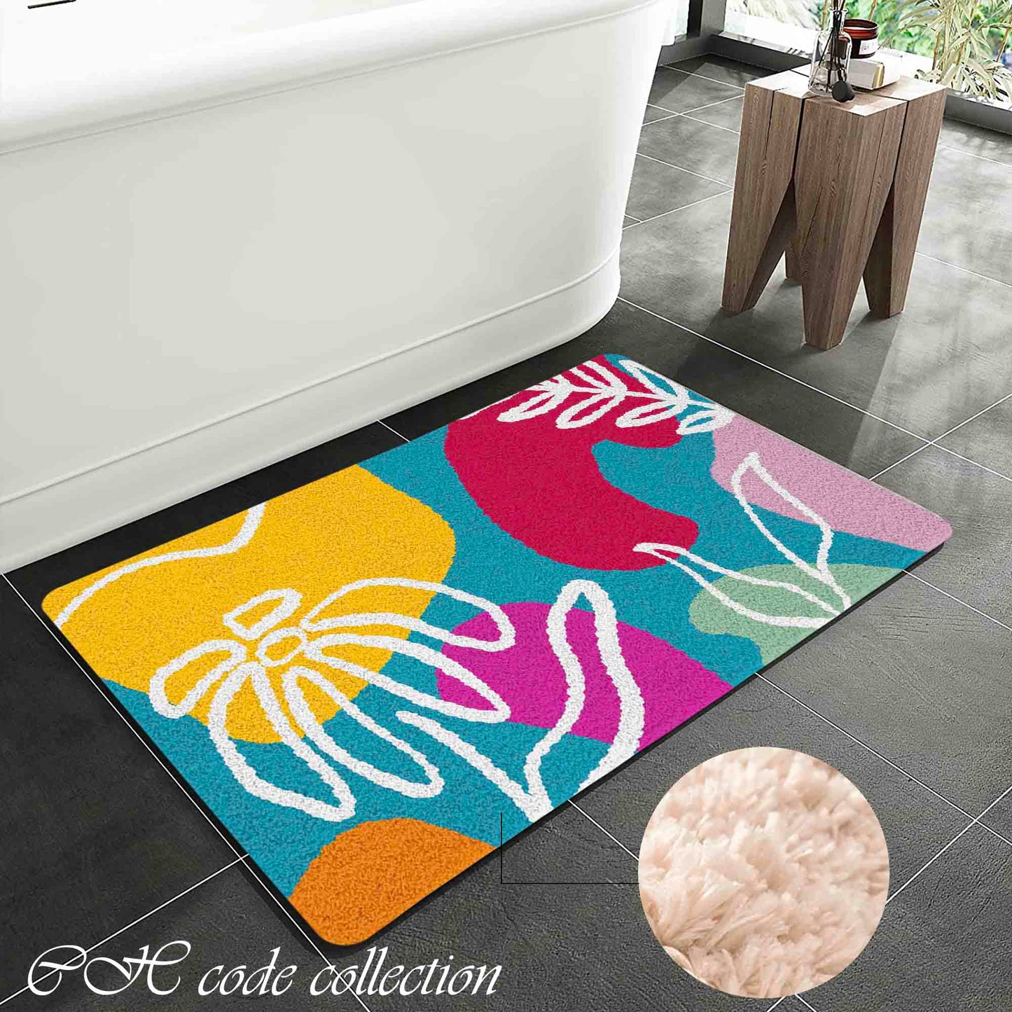 JoySwallow Flower Line Art and Color Blocks Tufted Bathmat, Floral Bathroom Rug, Flower Area Rug, Floral Bedroom Rugs