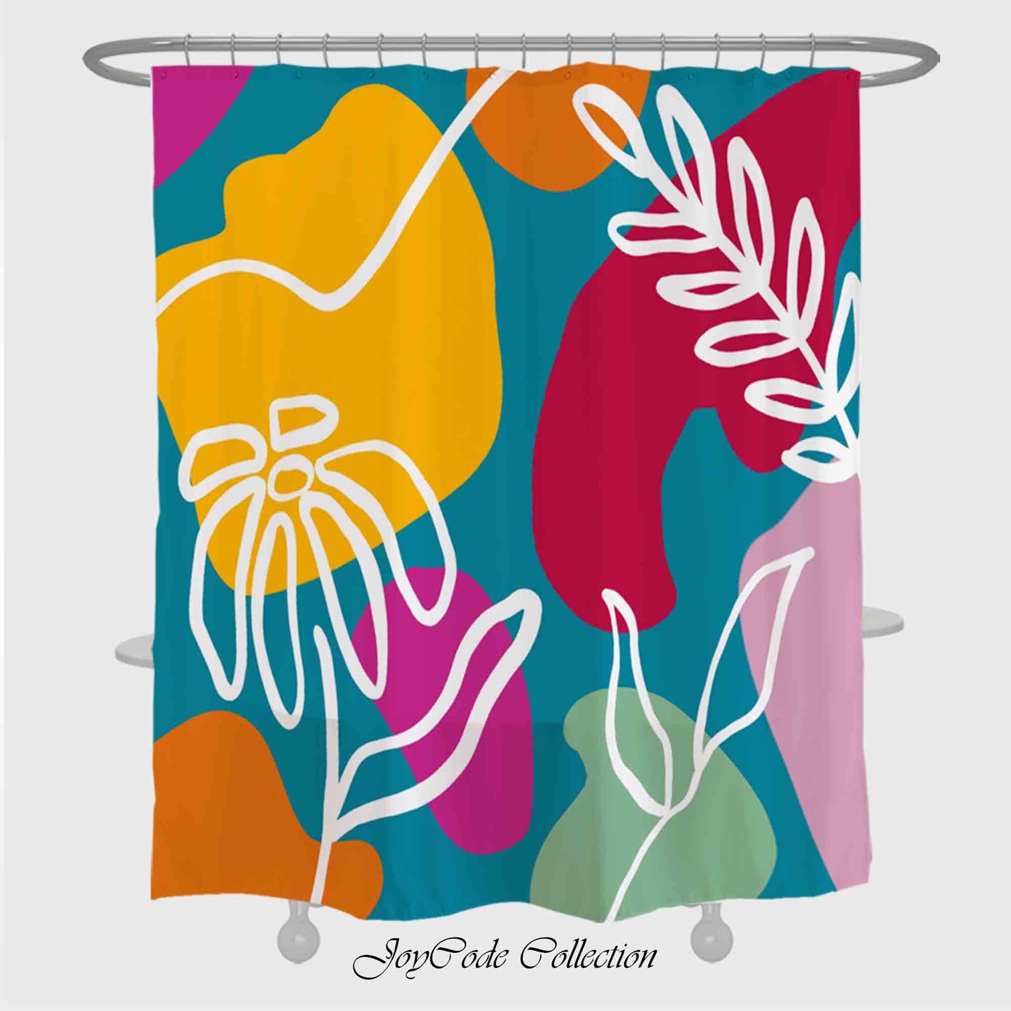 JoySwallow Flower Line Art and Color Blocks Shower Curtain, Abstract Blocks Waterproof Curtains, Floral Machine Washable Shower Curtains, Heavy Weighted Bath Curtains with hooks