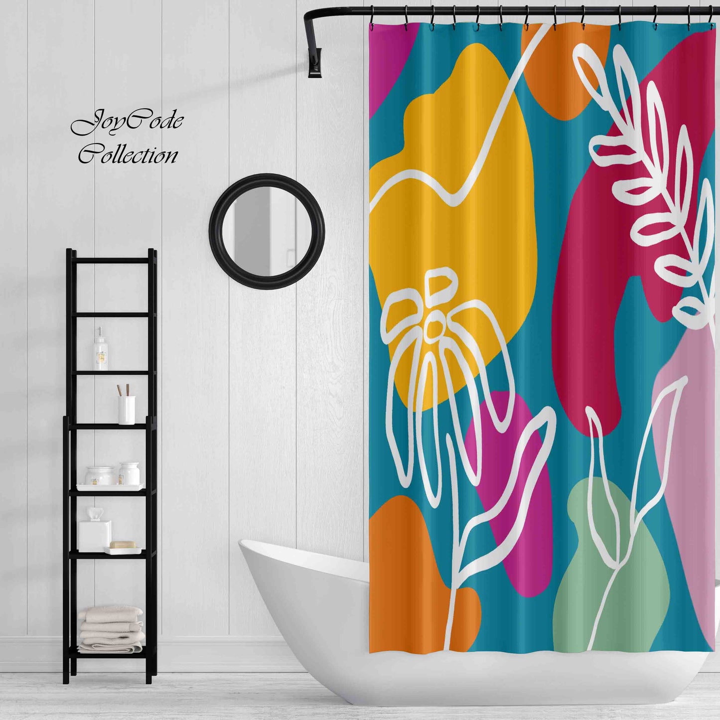 JoySwallow Flower Line Art and Color Blocks Shower Curtain, Abstract Blocks Waterproof Curtains, Floral Machine Washable Shower Curtains, Heavy Weighted Bath Curtains with hooks