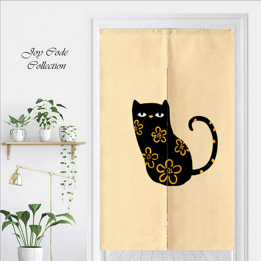 JoySwallow Personalized Doorway Curtain, Flower Black Cat Doorway Curtain, Animal Door Tapestries for Home, Kitty Door Curtain for Kitchen, Curtain for Bedroom Decoration, Privacy Divider Curtain with Rod