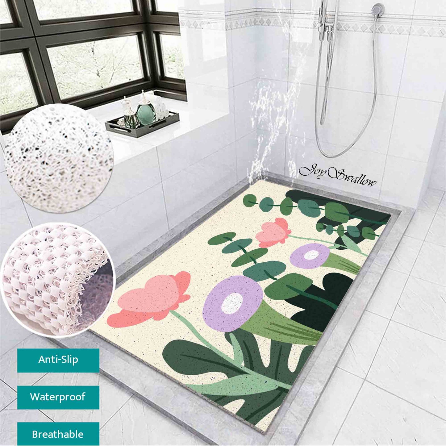 JoySwallow Personalized Bathtub Mat, Flower and Leaves Tub Mat, PVC Coil Permeable Bath Mat, Floral Drainable Bath Rug, Anti Skid Bathmat