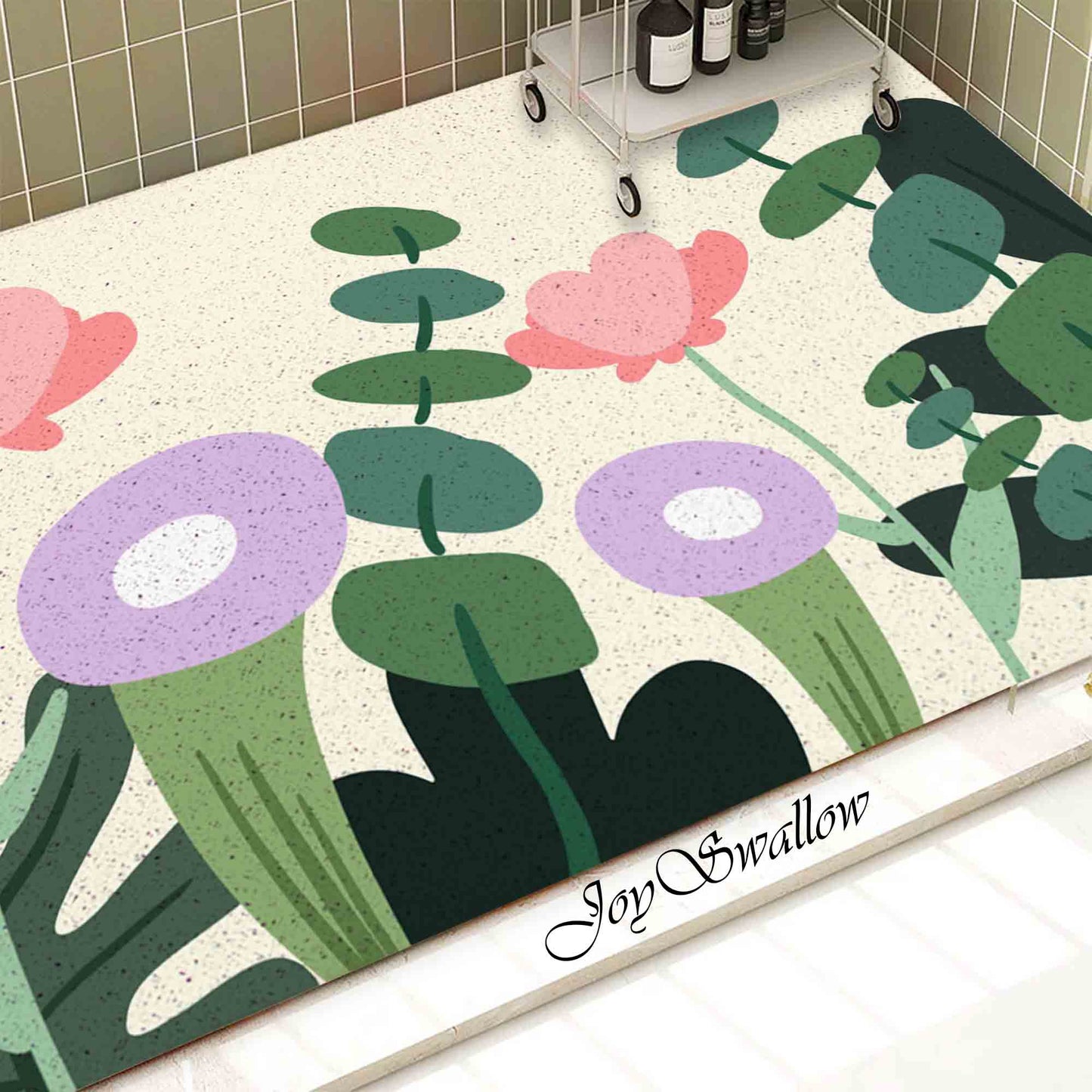 JoySwallow Personalized Bathtub Mat, Flower and Leaves Tub Mat, PVC Coil Permeable Bath Mat, Floral Drainable Bath Rug, Anti Skid Bathmat