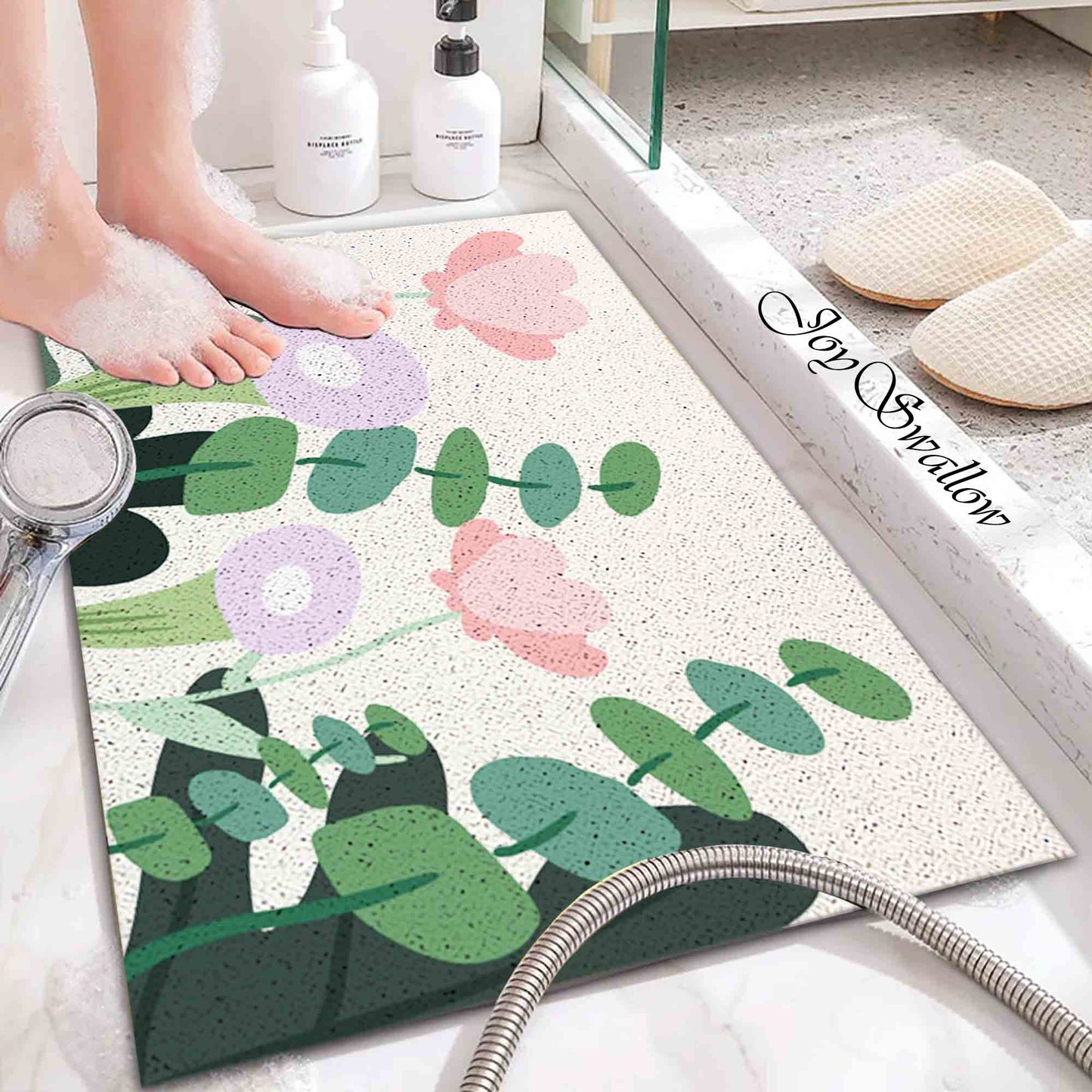 JoySwallow Personalized Bathtub Mat, Flower and Leaves Tub Mat, PVC Coil Permeable Bath Mat, Floral Drainable Bath Rug, Anti Skid Bathmat