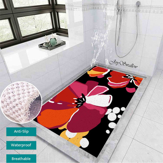 JoySwallow Personalized Bathtub Mat, Red Flowers Bath Tub Mat, PVC Coil Permeable Bath Mat, Floral Drainable Bath Rug, Anti Skid Bathmat