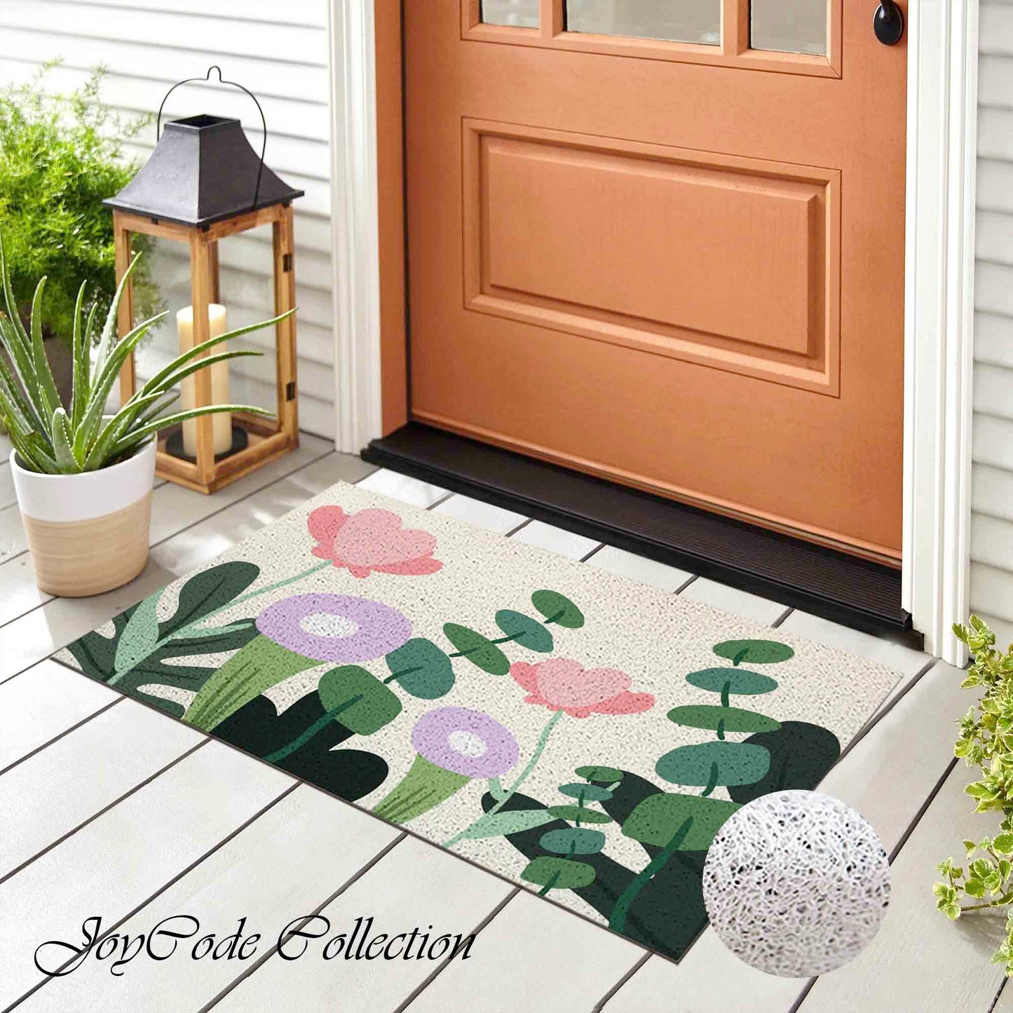 JoySwallow Purple Pink Flower and Leaves PVC Coil Entrance Door Mat, Floral Anti-Skid Outdoor Mat, Flowers Entryway Rug for Porch Courtyard