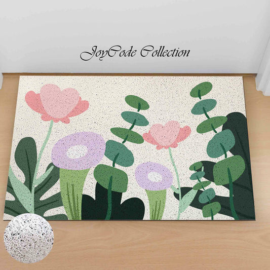 JoySwallow Purple Pink Flower and Leaves PVC Coil Entrance Door Mat, Floral Anti-Skid Outdoor Mat, Flowers Entryway Rug for Porch Courtyard