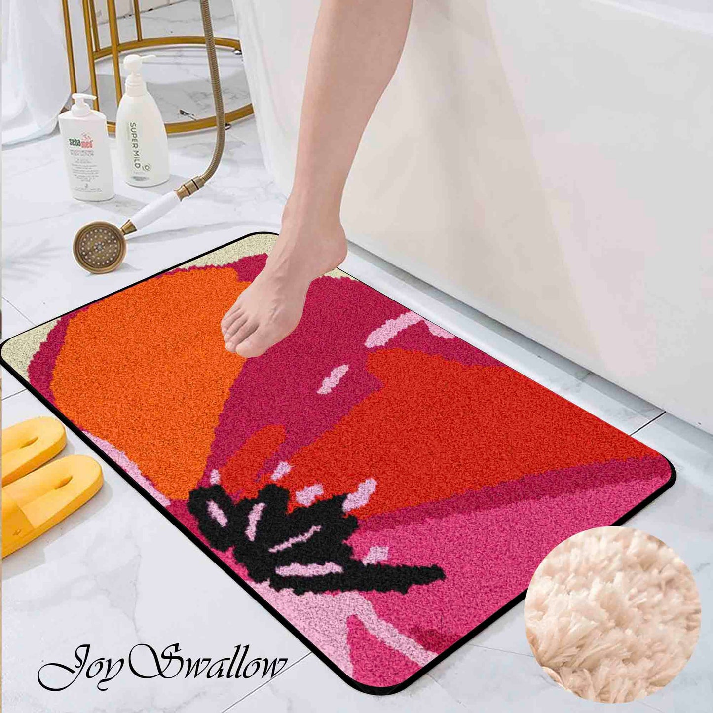 JoySwallow Red Flower Tufted Bathmat, Floral Bathroom Rug, Flower Area Rug, Floral Bedroom Rugs