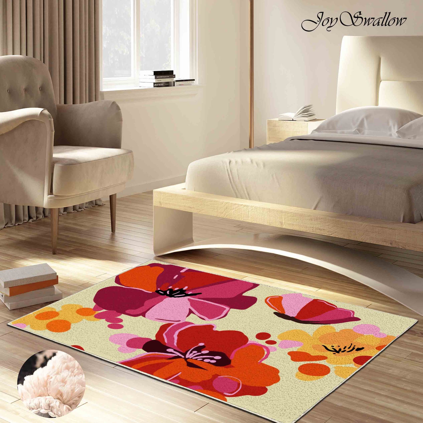 JoySwallow Red Flower Tufted Bathmat, Floral Bathroom Rug, Flower Area Rug, Floral Bedroom Rugs