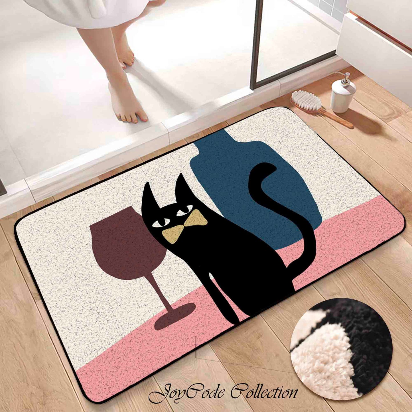 JoySwallow Cute Cat and Wine Glass Tufted Bathmat, Animal Bathroom Rug, Cat Area Rug, Kitty Bedroom Rugs