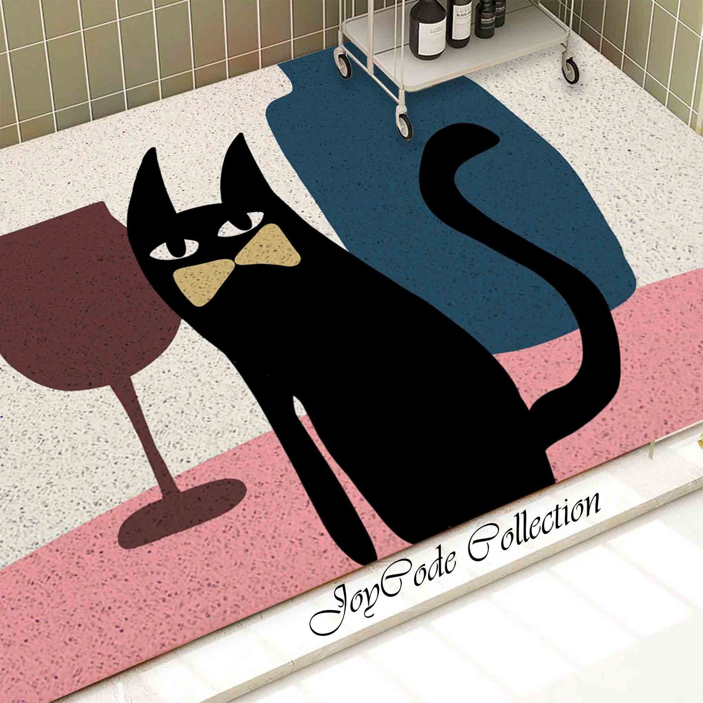 JoySwallow Personalized Bathtub Mat, Gentleman Black cat Glass and Pot Bathtub Mat, PVC Coil Shower Mat, Anti Skid PVC Coil Bathmat, Animal Permeable Bathmat, Glass and Pot Drainable Rug