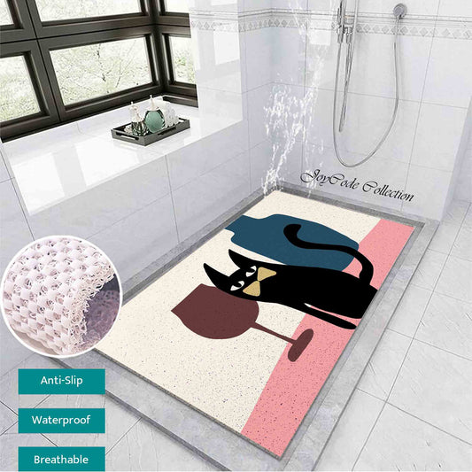 JoySwallow Personalized Bathtub Mat, Gentleman Black cat Glass and Pot Bathtub Mat, PVC Coil Shower Mat, Anti Skid PVC Coil Bathmat, Animal Permeable Bathmat, Glass and Pot Drainable Rug