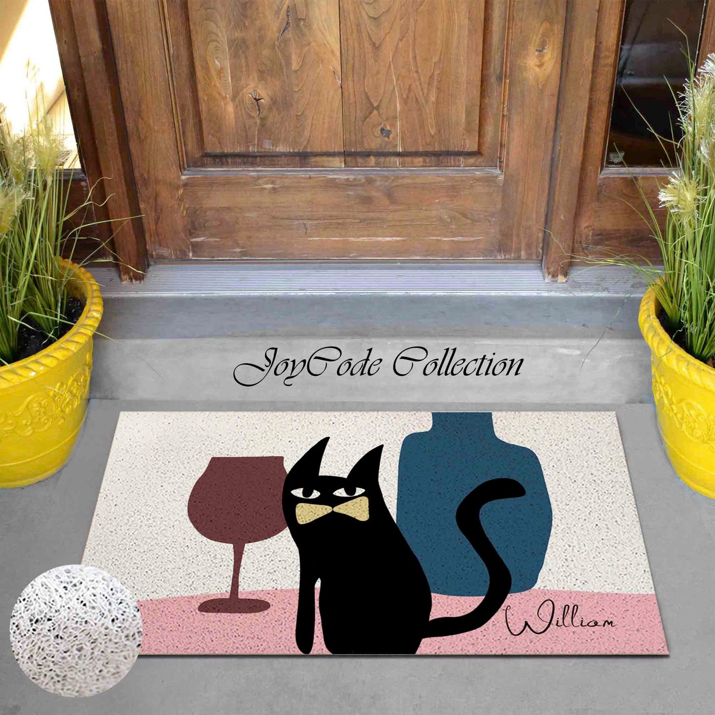 JoySwallow Personalized Door Mat, Gentleman Black cat Glass and Pot PVC Coil Entrance Door Mat, Cute Animal Anti-Skid Outdoor Mat, Fire Fox Entryway Rug for Porch Courtyard