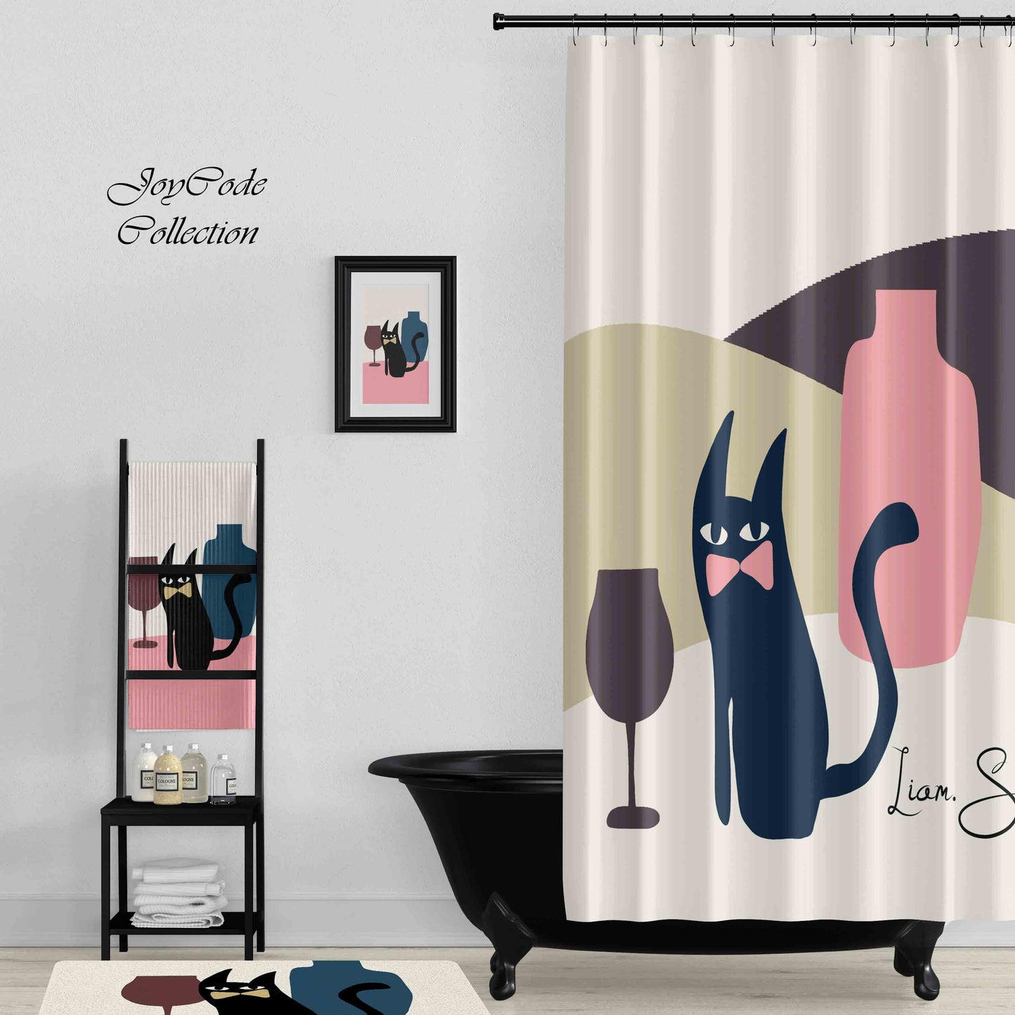 JoySwallow Personalized Shower Curtain, Gentleman Black cat Glass and Pot Curtain, Waterproof Curtains, Animal Machine Washable Shower Curtains, Heavy Weighted Bath Curtains with hooks