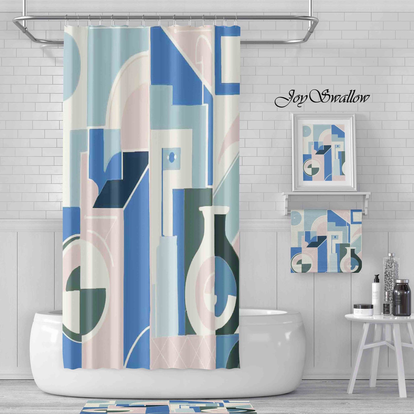 JoySwallow Personalized Shower Curtain, Geometric Architectural Art Shower Curtain, Abstract Blocks Waterproof Curtains, Color Blocks Machine Washable Shower Curtains, Heavy Weighted Bath Curtains with hooks