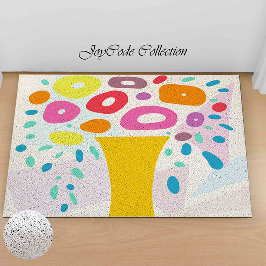 JoySwallow Geometric Vase and Flower PVC Coil Entrance Door Mat, Colorful Flowers Anti-Skid Outdoor Mat, Floral Entryway Rug for Porch Courtyard