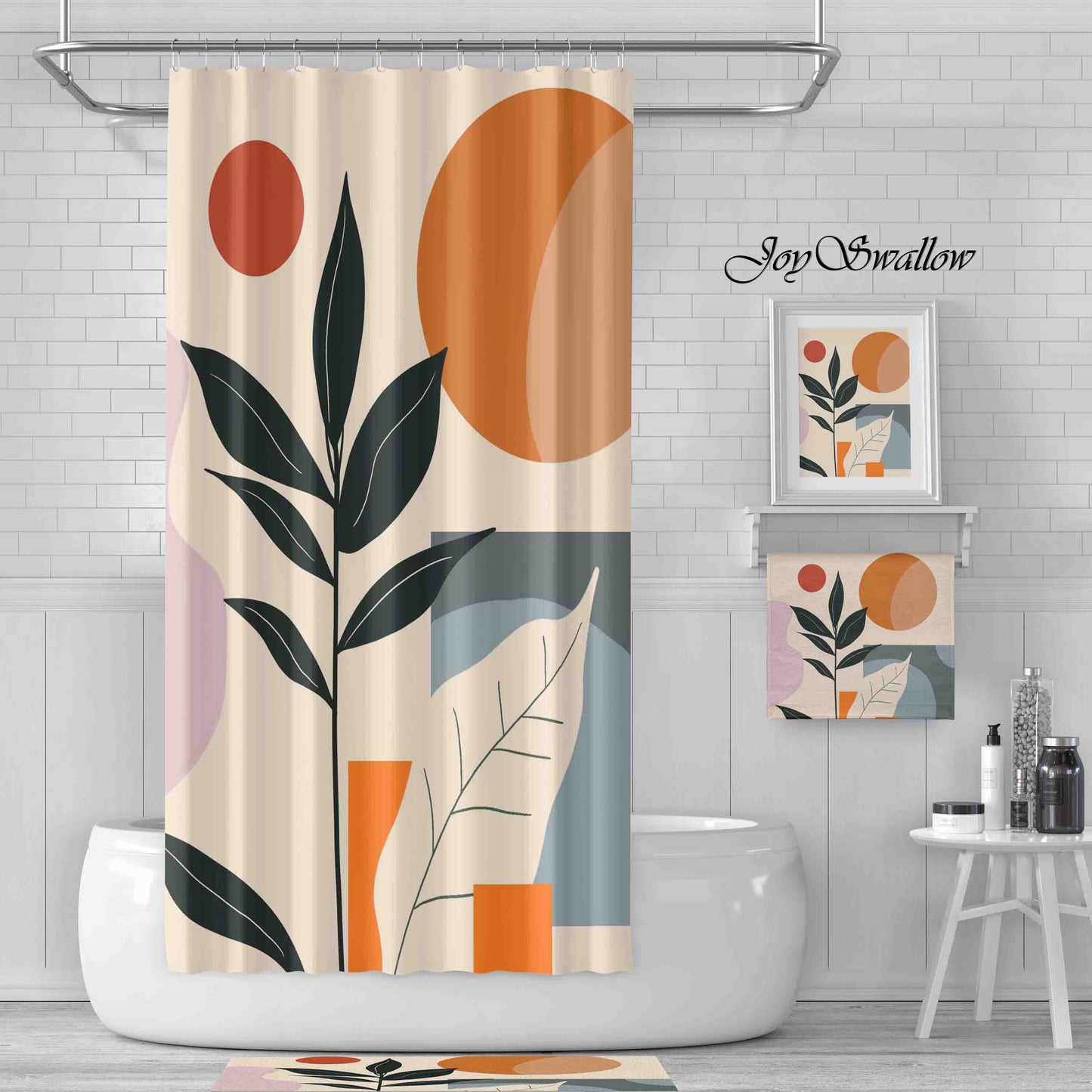 JoySwallow Personalized Shower Curtain, Geometrical Sun and Plant Shower Curtain, Waterproof Curtains, Machine Washable Shower Curtains, Geometrical Curtain, Floral Heavy Weighted Bath Curtains with hooks