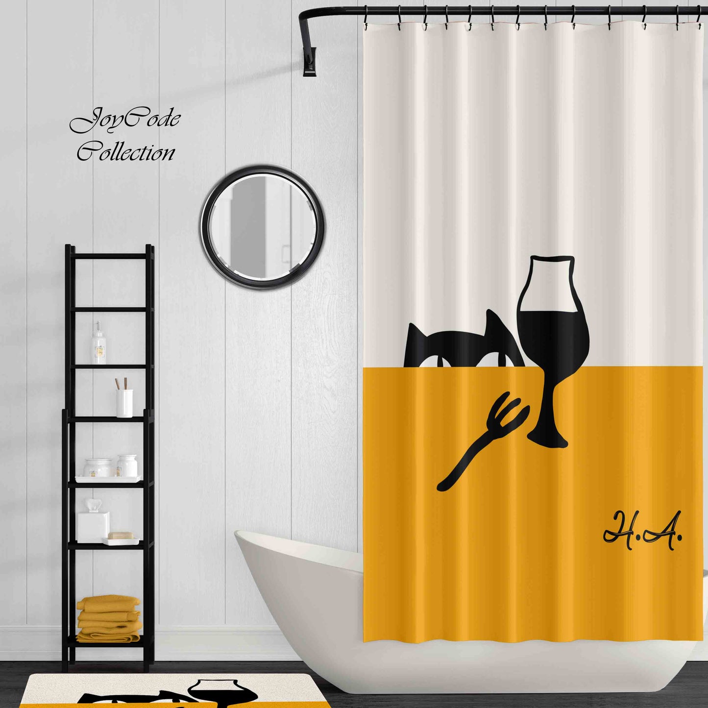 JoySwallow Personalized Shower Curtain, Greedy Little Black Cat Curtain, Abstract Blocks Waterproof Curtains, Floral Machine Washable Shower Curtains, Heavy Weighted Bath Curtains with hooks