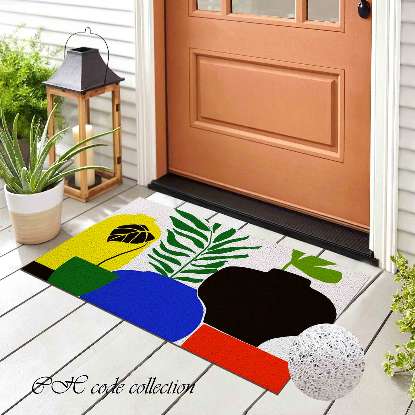 JoySwallow Green Leaves Colorful Vases PVC Coil Entrance Door Mat, Irregular Blocks Anti-Skid Outdoor Mat, Animal Entryway Rug for Porch Courtyard