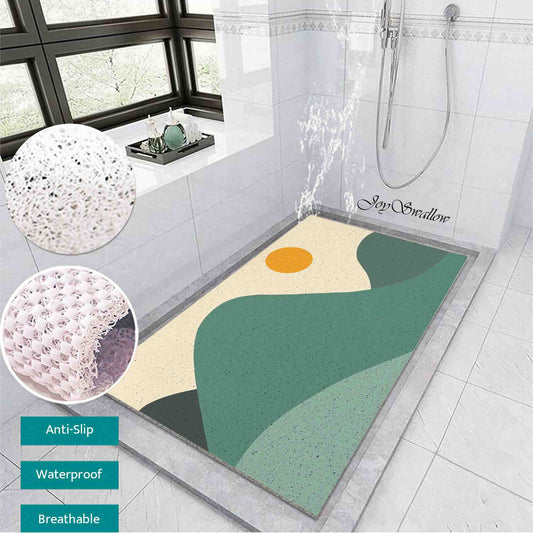 JoySwallow Personalized Bathtub Mat, Green Mountain and Sun Tub Mat, Scenery PVC Coil Permeable Bath Mat, Landscape Drainable Bath Rug, Anti Skid Bathmat