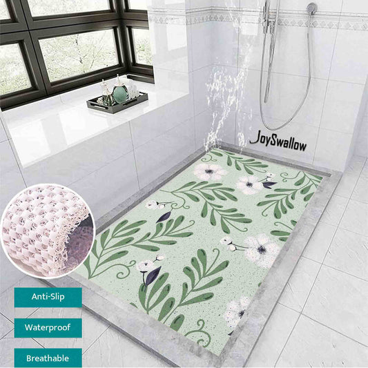 JoySwallow Personalized Bathtub Mat, Green Leaves White Flowers Tub Mat, PVC Coil Permeable Bath Mat, Floral Drainable Bath Rug, Anti Skid Bathmat