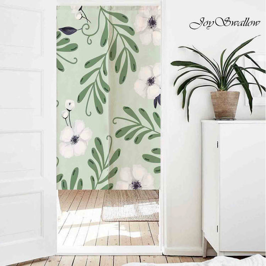 JoySwallow Personalized Doorway Curtain, Green Leaves White Flowers Doorway Curtain, Floral Door Tapestries for Home, Plant Door Curtain for Kitchen, Curtain for Bedroom Decoration, Privacy Divider Curtain with Rod