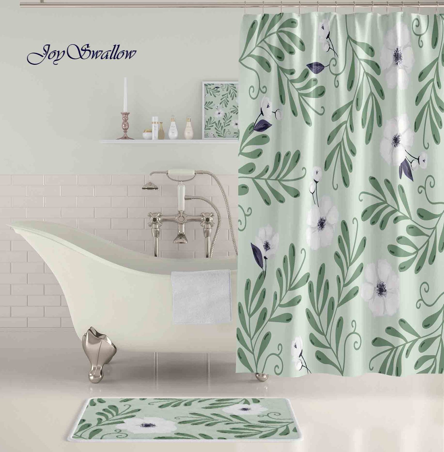 JoySwallow Personalized Shower Curtain, Green Leaves White Flowers Shower Curtain, Waterproof Curtains, Machine Washable Shower Curtains, Art Flowers Curtain, Floral Heavy Weighted Bath Curtains with hooks