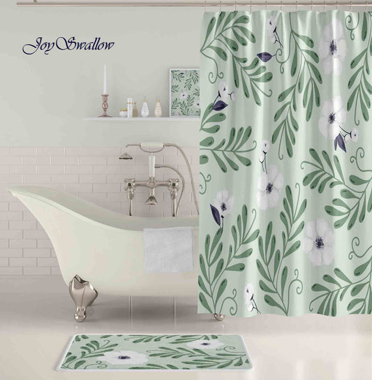 JoySwallow Personalized Shower Curtain, Green Leaves White Flowers Shower Curtain, Waterproof Curtains, Machine Washable Shower Curtains, Art Flowers Curtain, Floral Heavy Weighted Bath Curtains with hooks