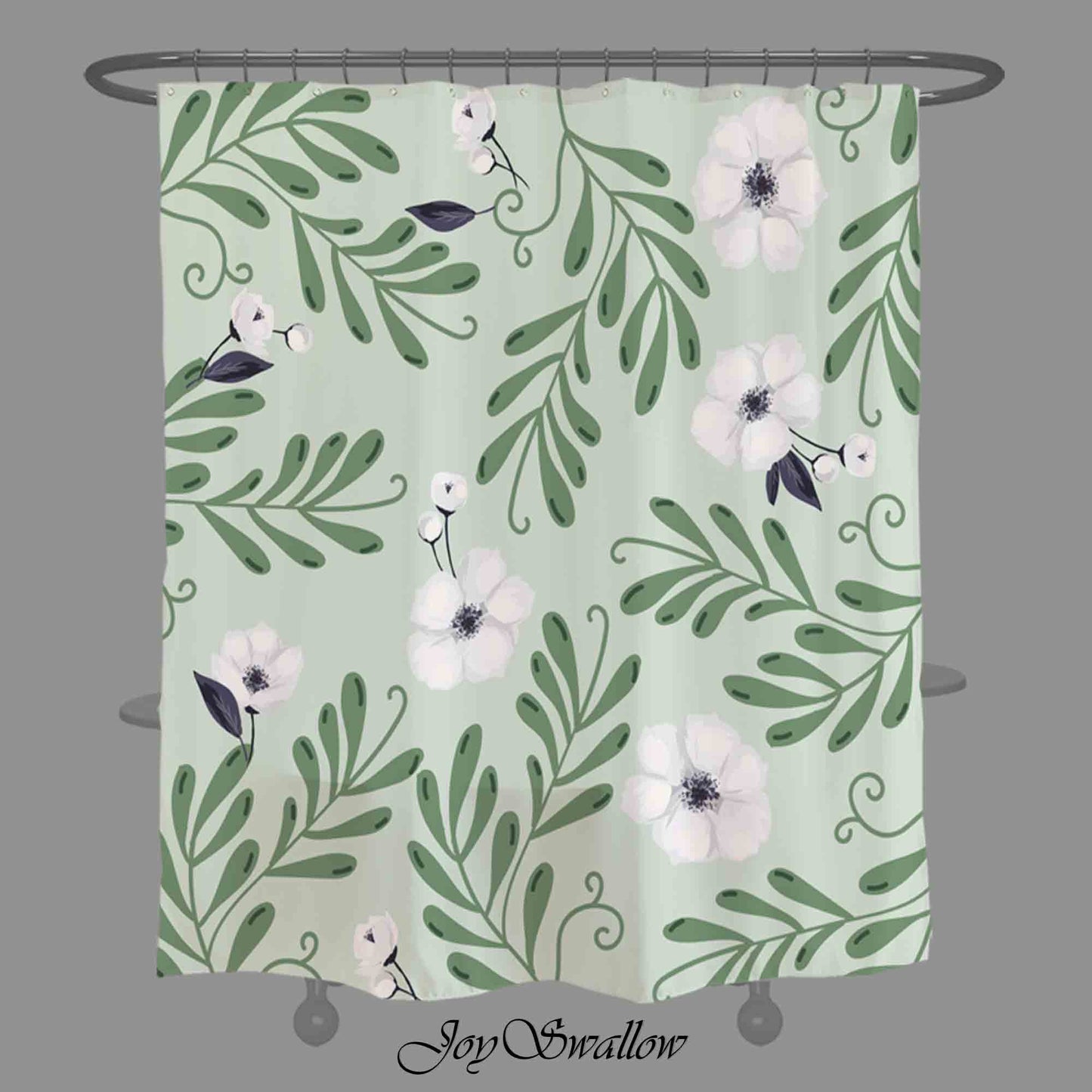 JoySwallow Personalized Shower Curtain, Green Leaves White Flowers Shower Curtain, Waterproof Curtains, Machine Washable Shower Curtains, Art Flowers Curtain, Floral Heavy Weighted Bath Curtains with hooks