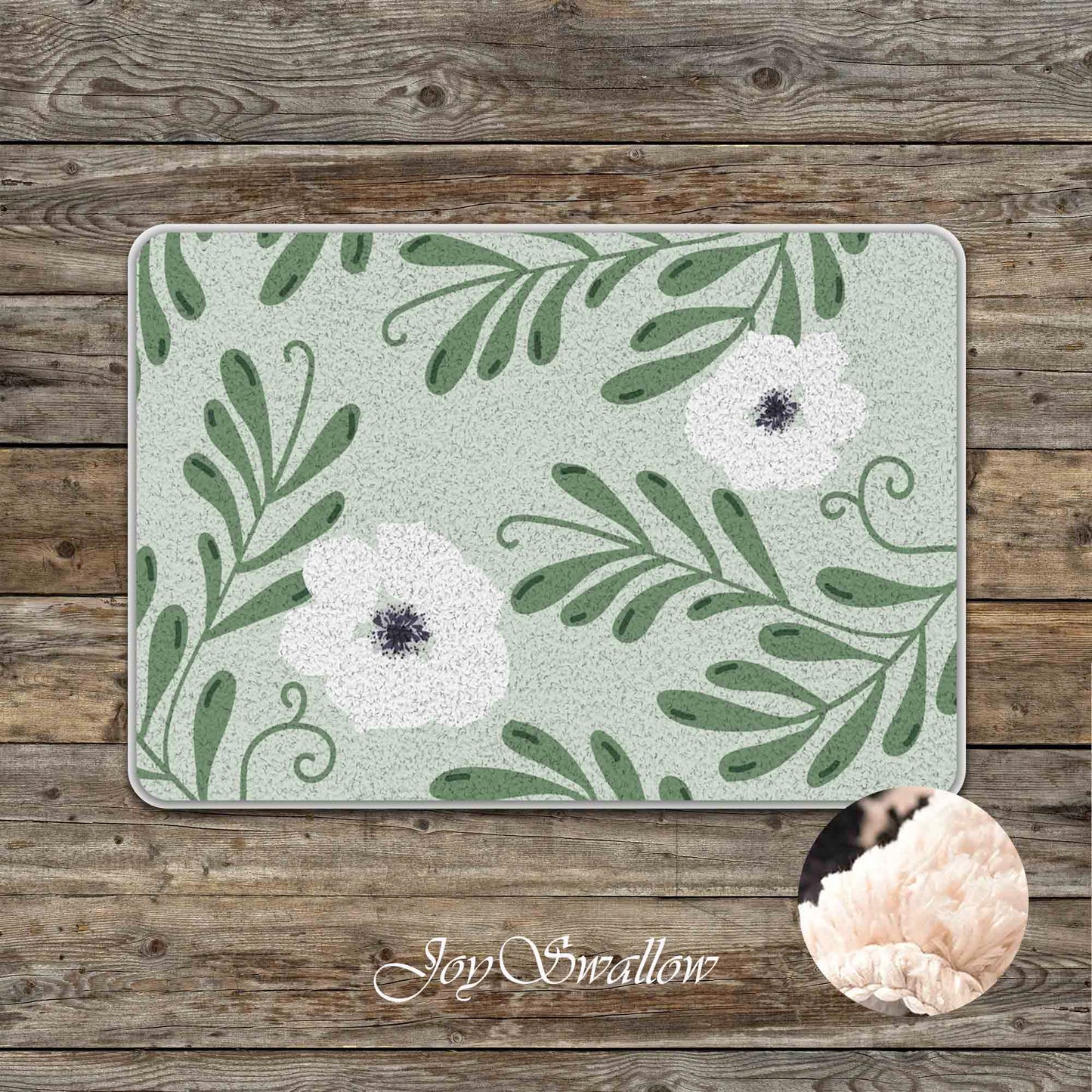 JoySwallow Green Leaves White Flowers Tufted Bathmat Rug Area Rug Bedroom Rugs