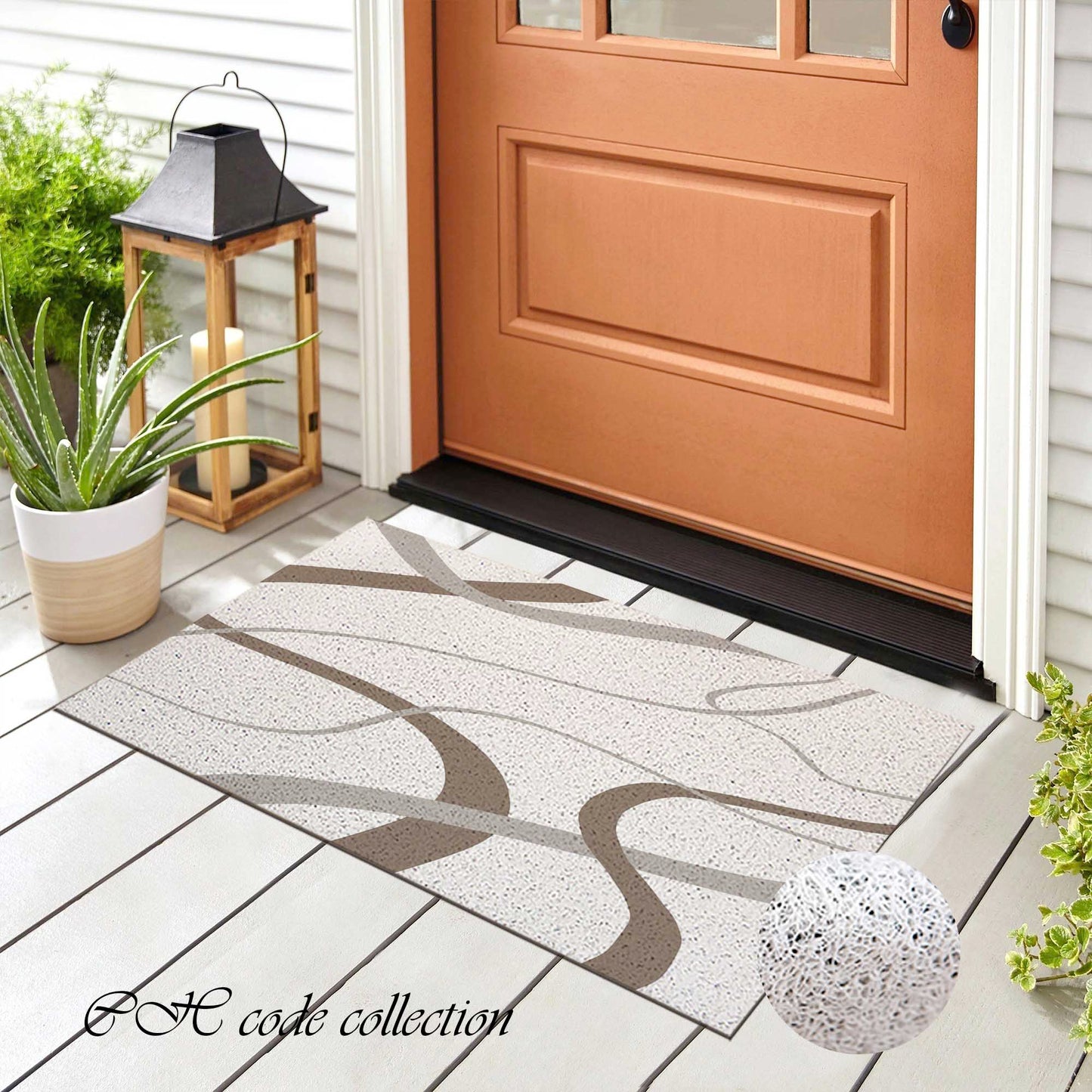 JoySwallow Grey Wave Line Art PVC Coil Entrance Door Mat, Irregular Blocks Anti-Skid Outdoor Mat, Animal Entryway Rug for Porch Courtyard