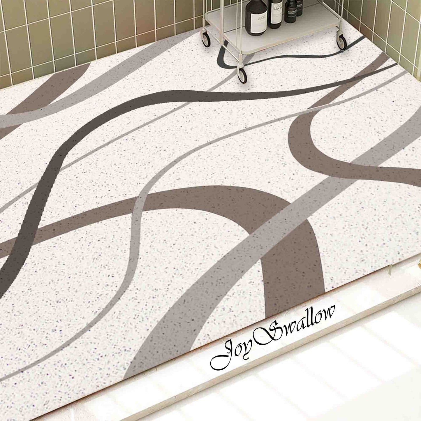 JoySwallow Personalized Bathtub Mat, Grey Wave Line Art Bathtub Mat, PVC Coil Shower Mat, Anti Skid PVC Coil Bathmat, Geometrical Permeable Bathmat, Drainable Rug