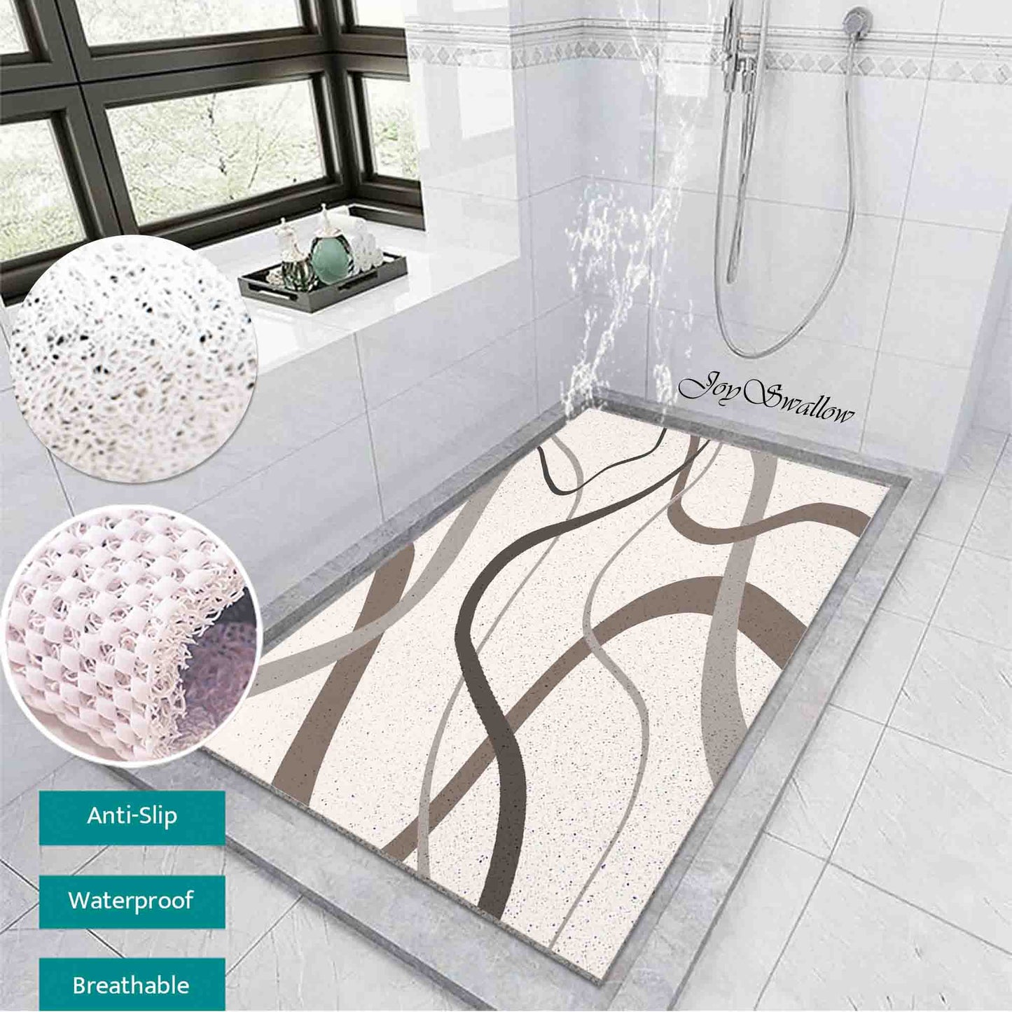 JoySwallow Personalized Bathtub Mat, Grey Wave Line Art Bathtub Mat, PVC Coil Shower Mat, Anti Skid PVC Coil Bathmat, Geometrical Permeable Bathmat, Drainable Rug