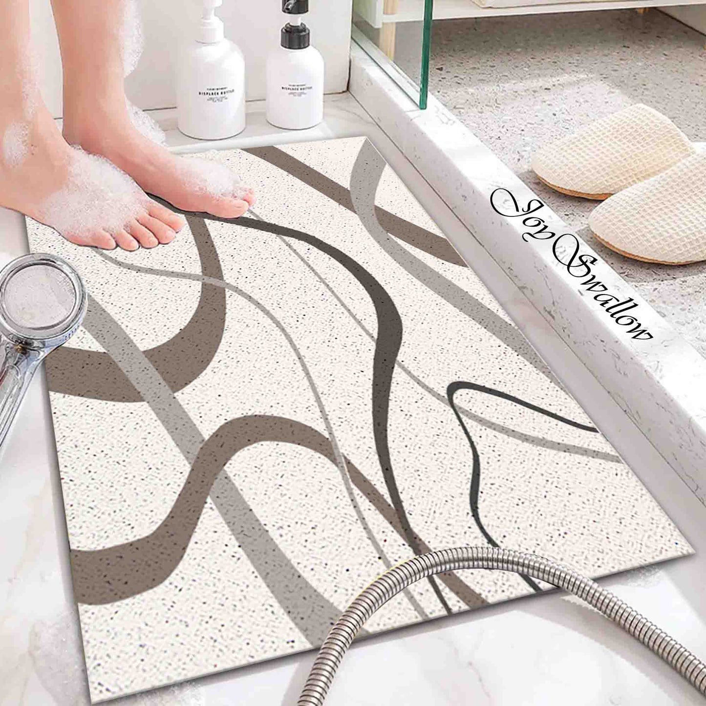 JoySwallow Personalized Bathtub Mat, Grey Wave Line Art Bathtub Mat, PVC Coil Shower Mat, Anti Skid PVC Coil Bathmat, Geometrical Permeable Bathmat, Drainable Rug